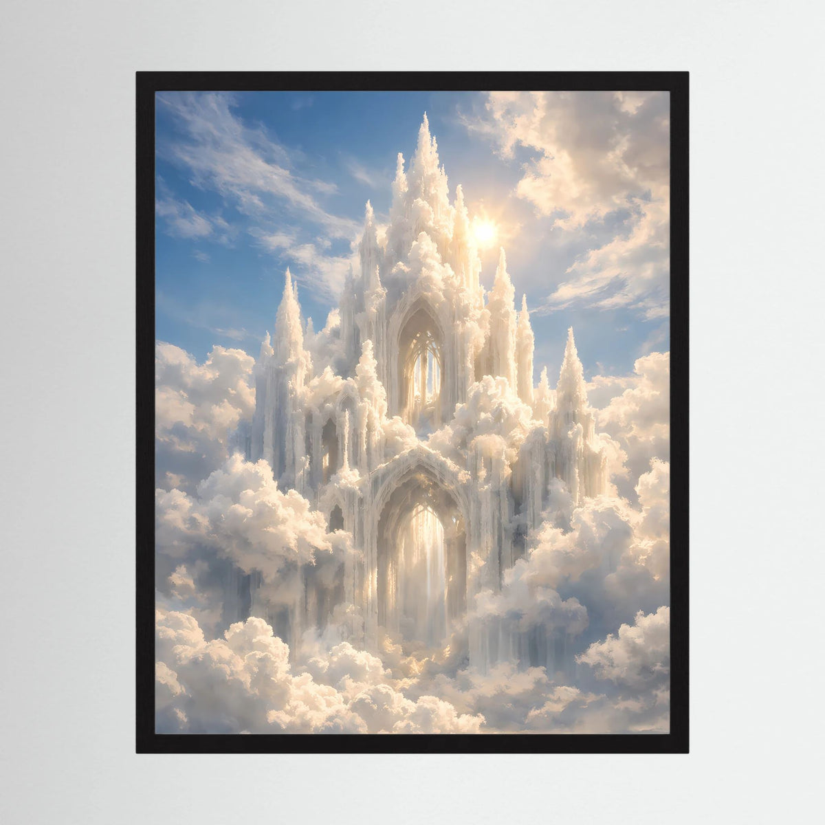 Hochformat-Poster mit strahlendem Schloss in Wolken, schwarzer Rahmen