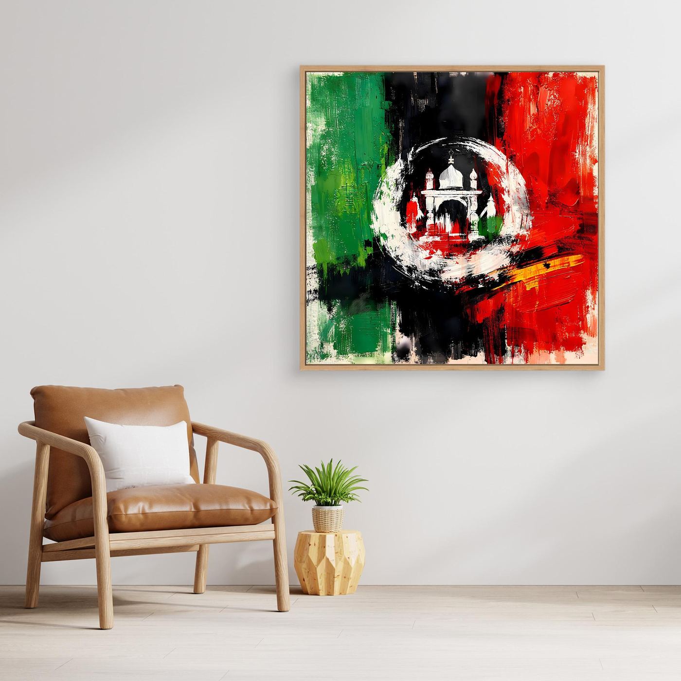 Framed abstract Afghanistan flag wall art with circular emblem, red and green acrylic-style strokes