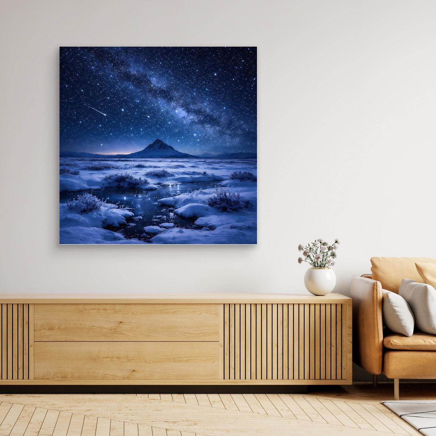 Leinwandbild mit arktischer Schneelandschaft und Sternenhimmel mit hellem Rand