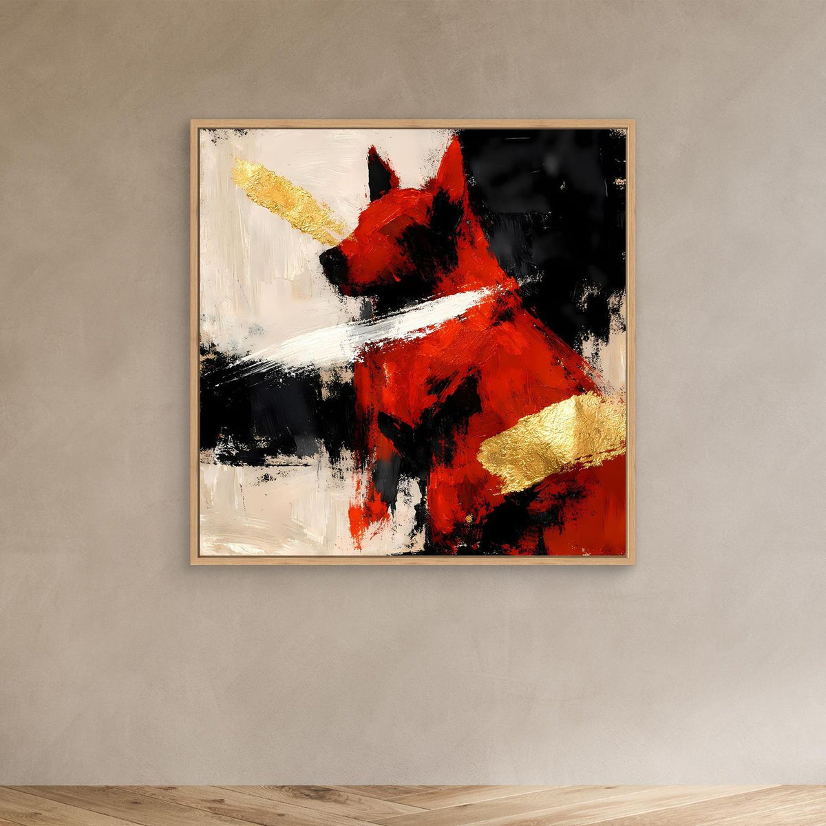Leinwandbild mit abstraktem Hund in Rot und Gold, Holzrahmen in Eiche