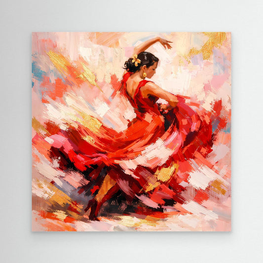 Leinwandbild: abstrakte Flamenco-Tänzerin im roten Kleid, gold-rote Pinselstriche