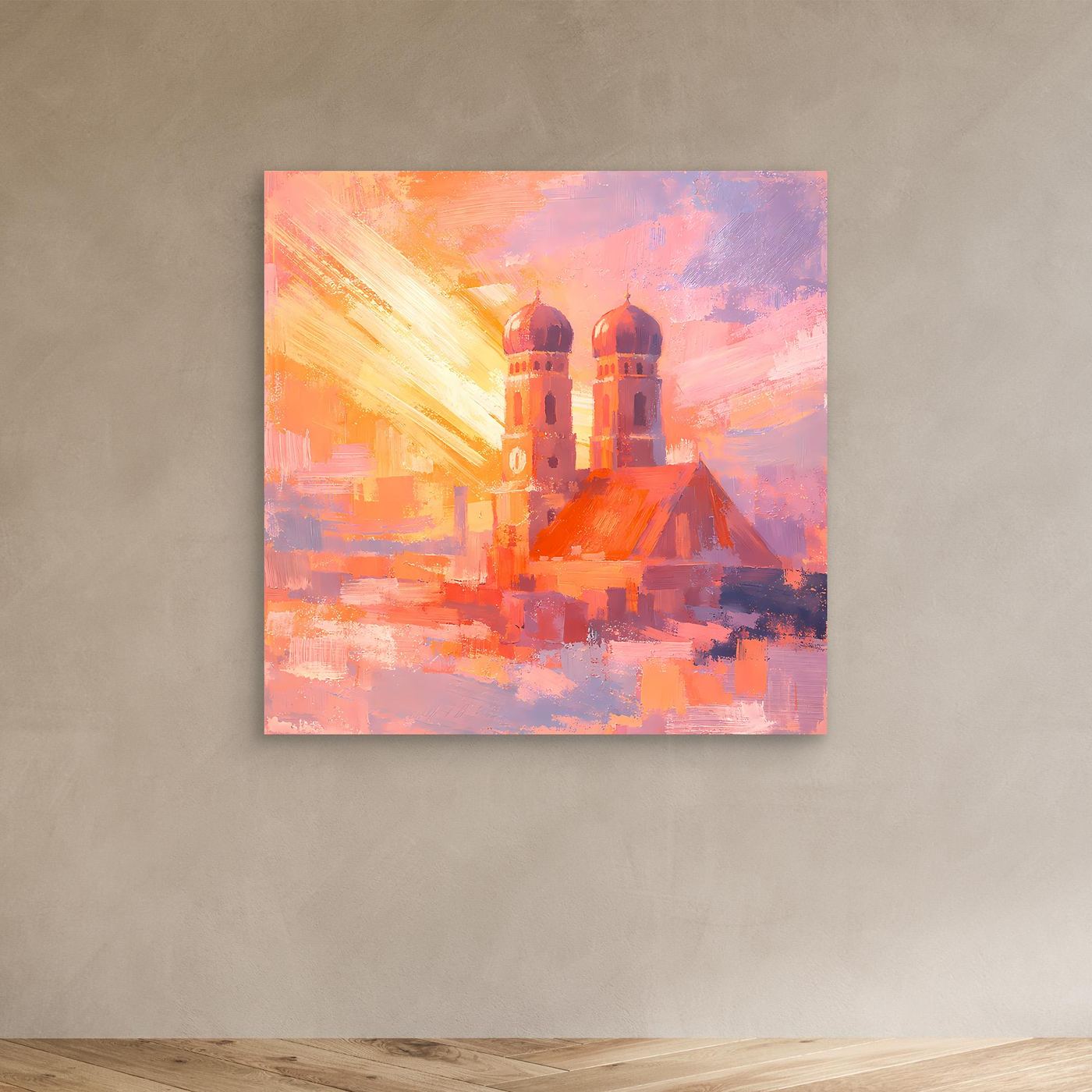 Premium Leinwand Frauenkirche München im Sonnenaufgang | Abstraktes Skyline Wandbild Bayern
