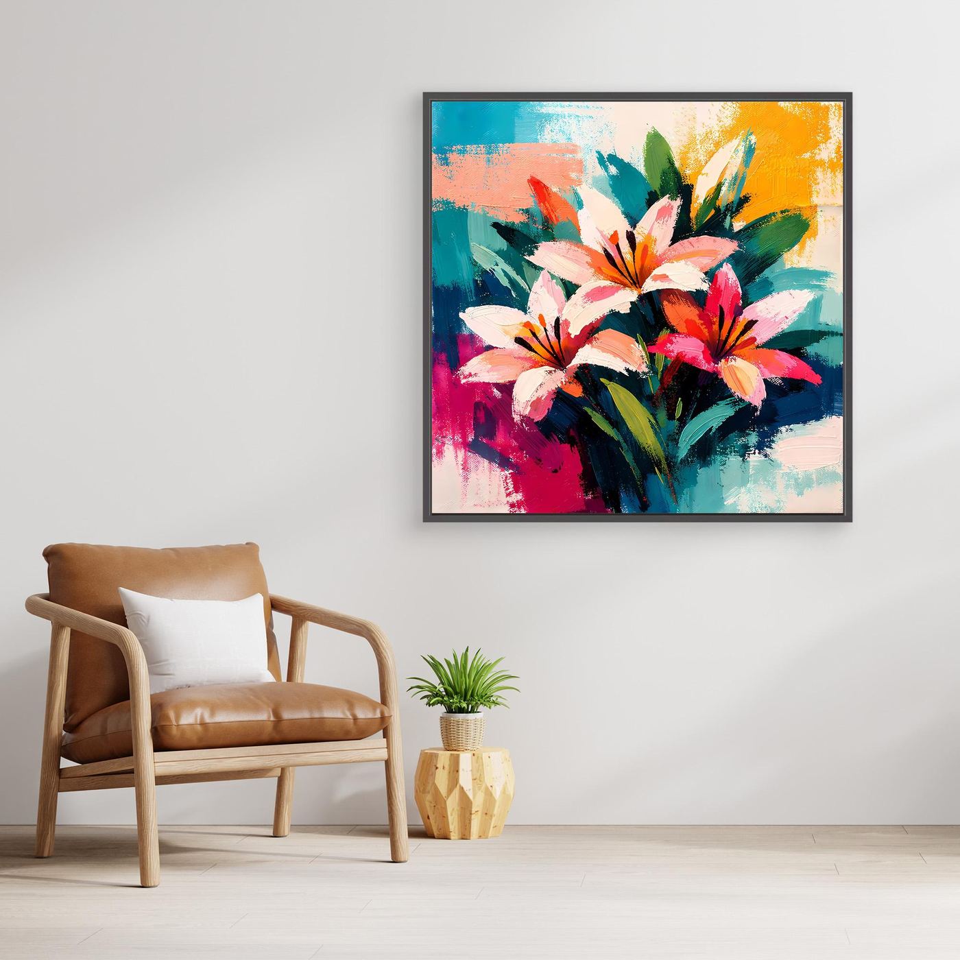 Abstract lily canvas wall art with colorful bouquet, black frame