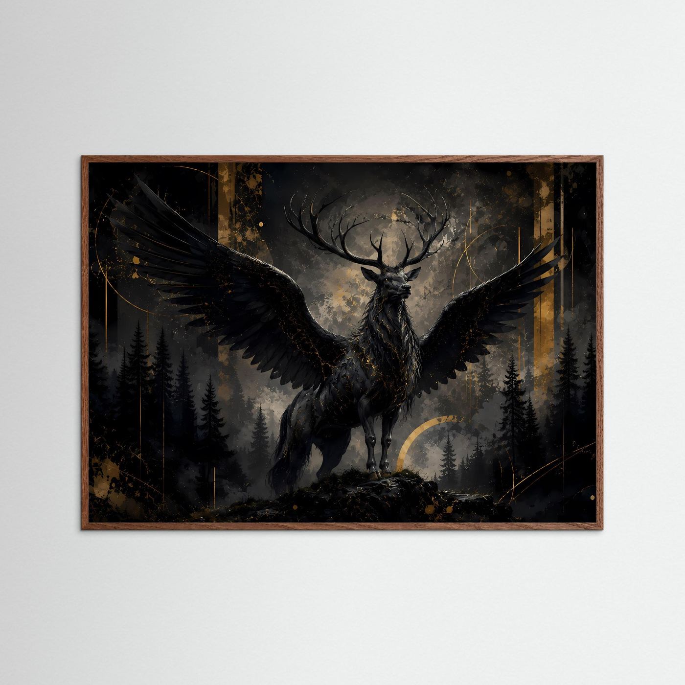 Mystischer schwarzer Hirsch mit Flügeln | Fantasy Poster im Wald | Edles Wandbild Schwarz & Gold Querformat