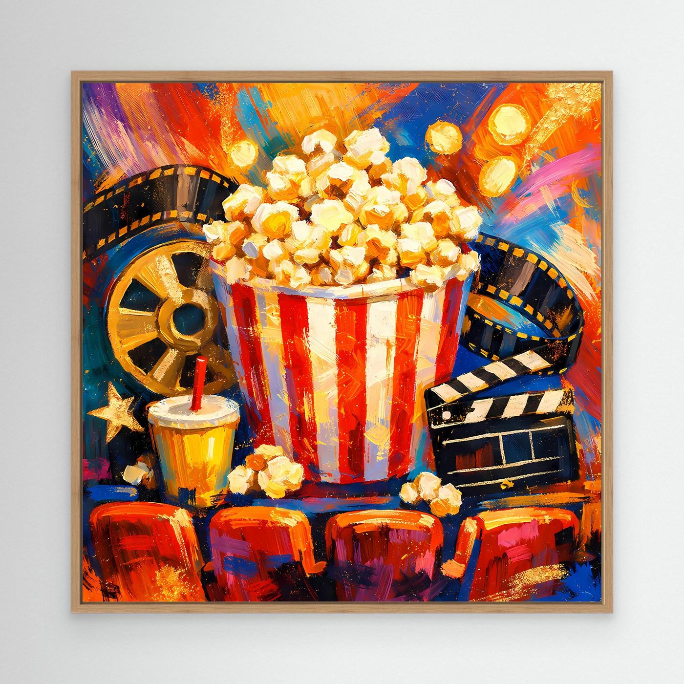 Leinwandbild mit Popcornbecher (rot-weiß) und Filmstreifen, Eichenrahmen