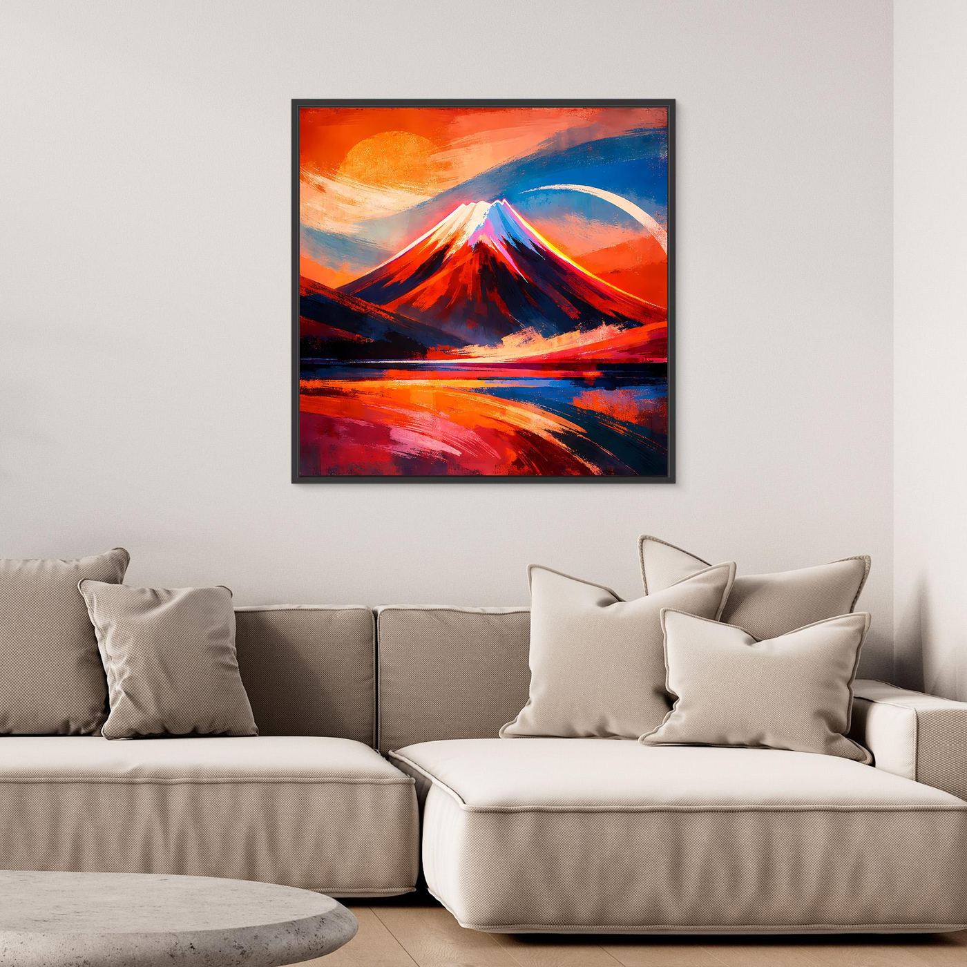 Wandbild aus Leinwand mit abstraktem Bergmotiv, roter Himmel und blaue Lichtbogenform