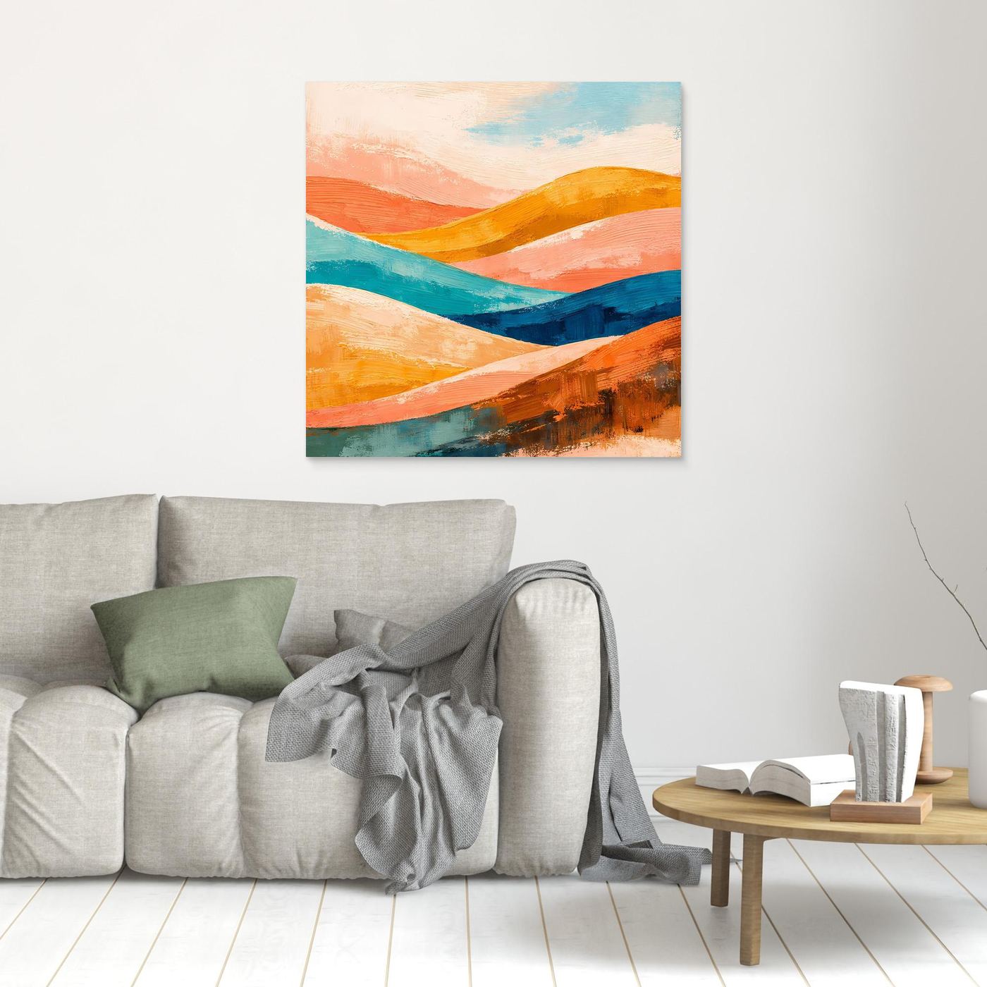Small abstract landscape wall art with orange, teal, and blue rolling waves, unframed