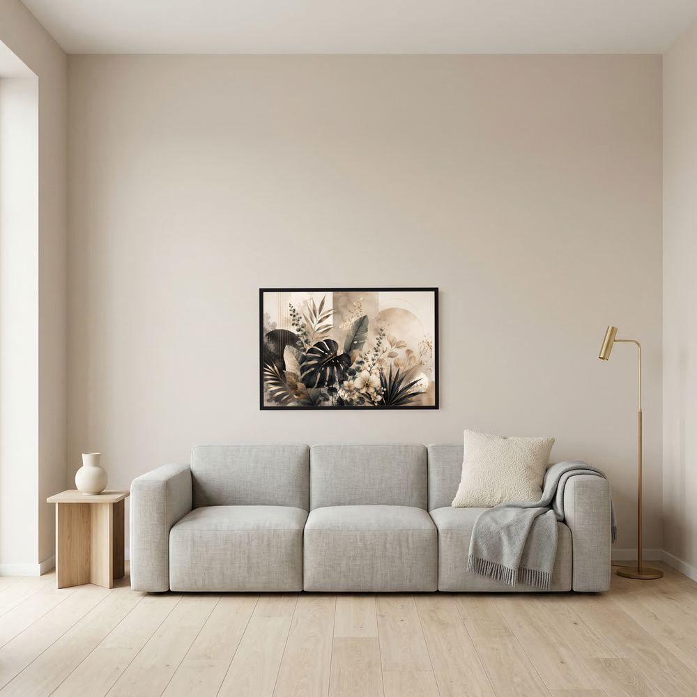 Querformat-Poster mit abstrakter Botanik in Beige, Schwarz und Gold, im schwarzen Rahmen