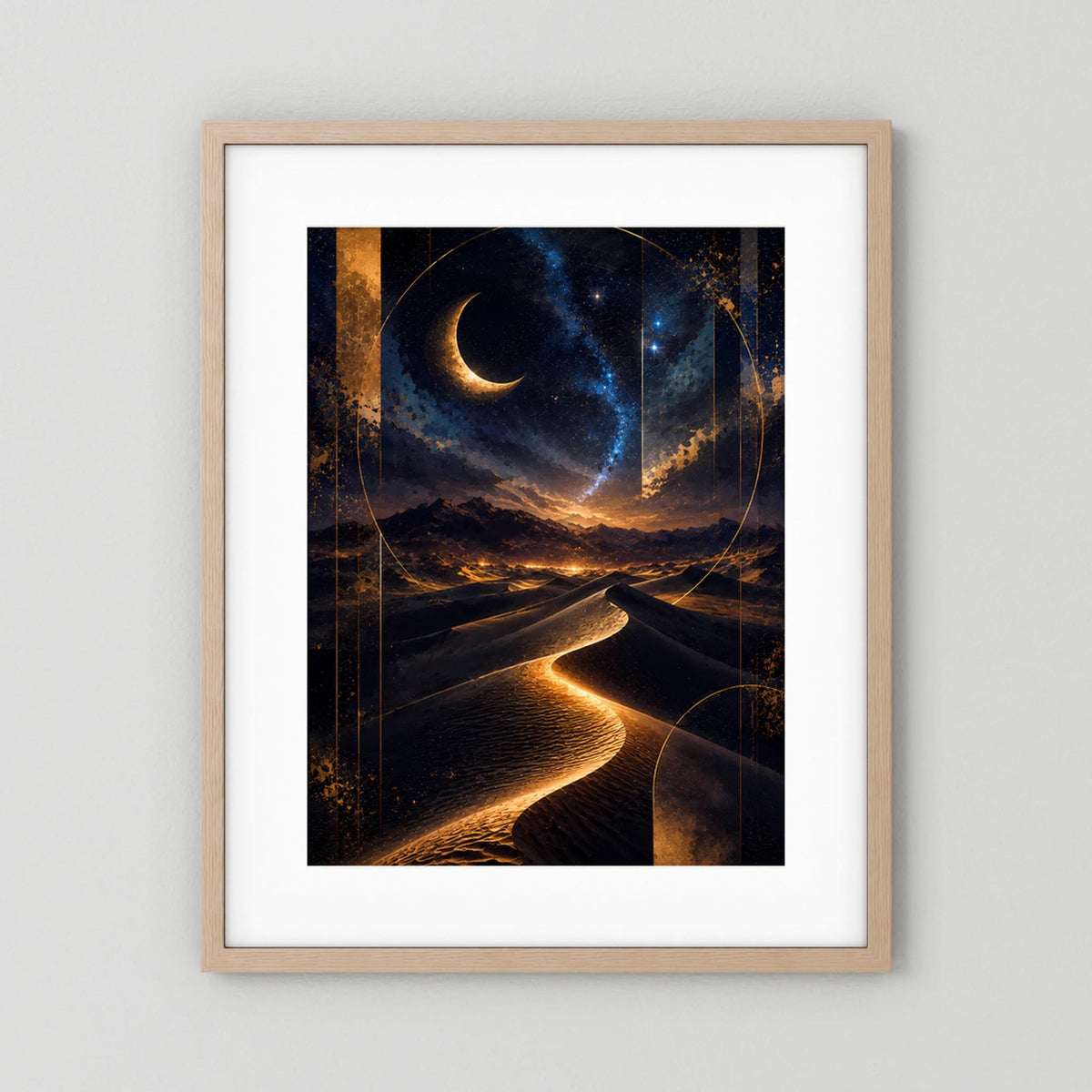 Hochformat-Poster mit hellem Holzrahmen und weißem Passepartout, leuchtender Dünenweg