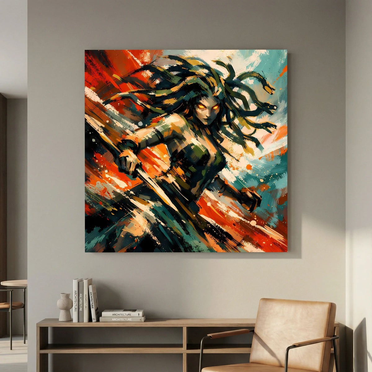 Leinwand-Wandbild der Medusa im Actionstil, geschichtete Pinselstriche in Orange, Blau und Schwarz