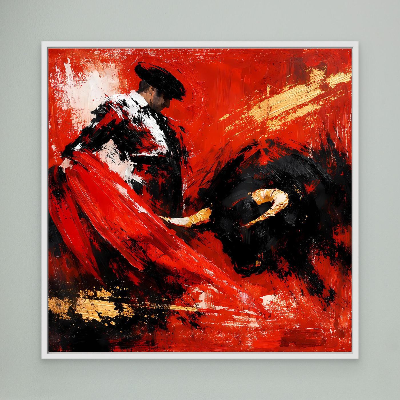 Leinwand-Wandbild mit Torero und Stier, weißer Rahmen, rote und schwarze Strukturen