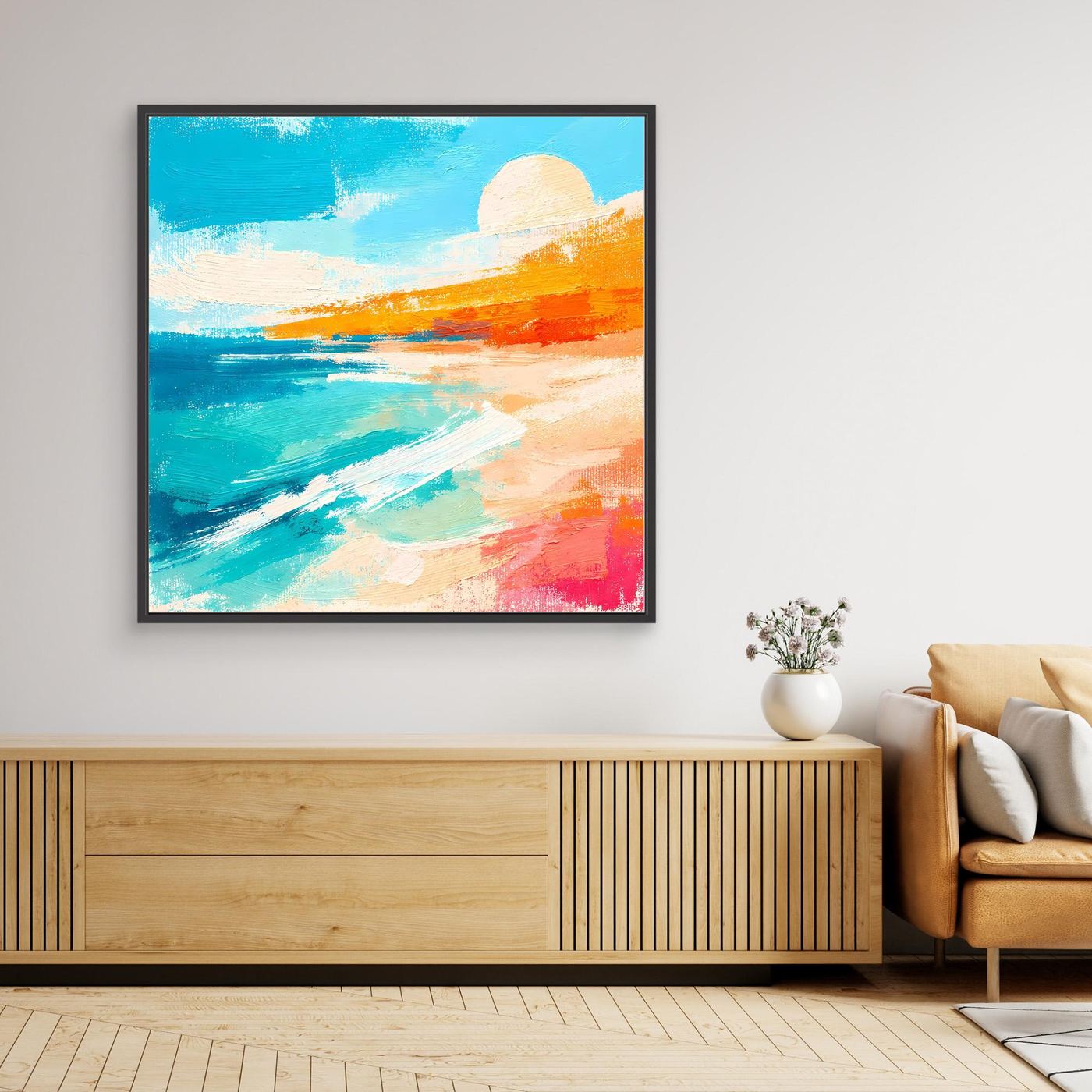 Black framed abstract canvas wall art with teal ocean, orange shoreline, pale sun
