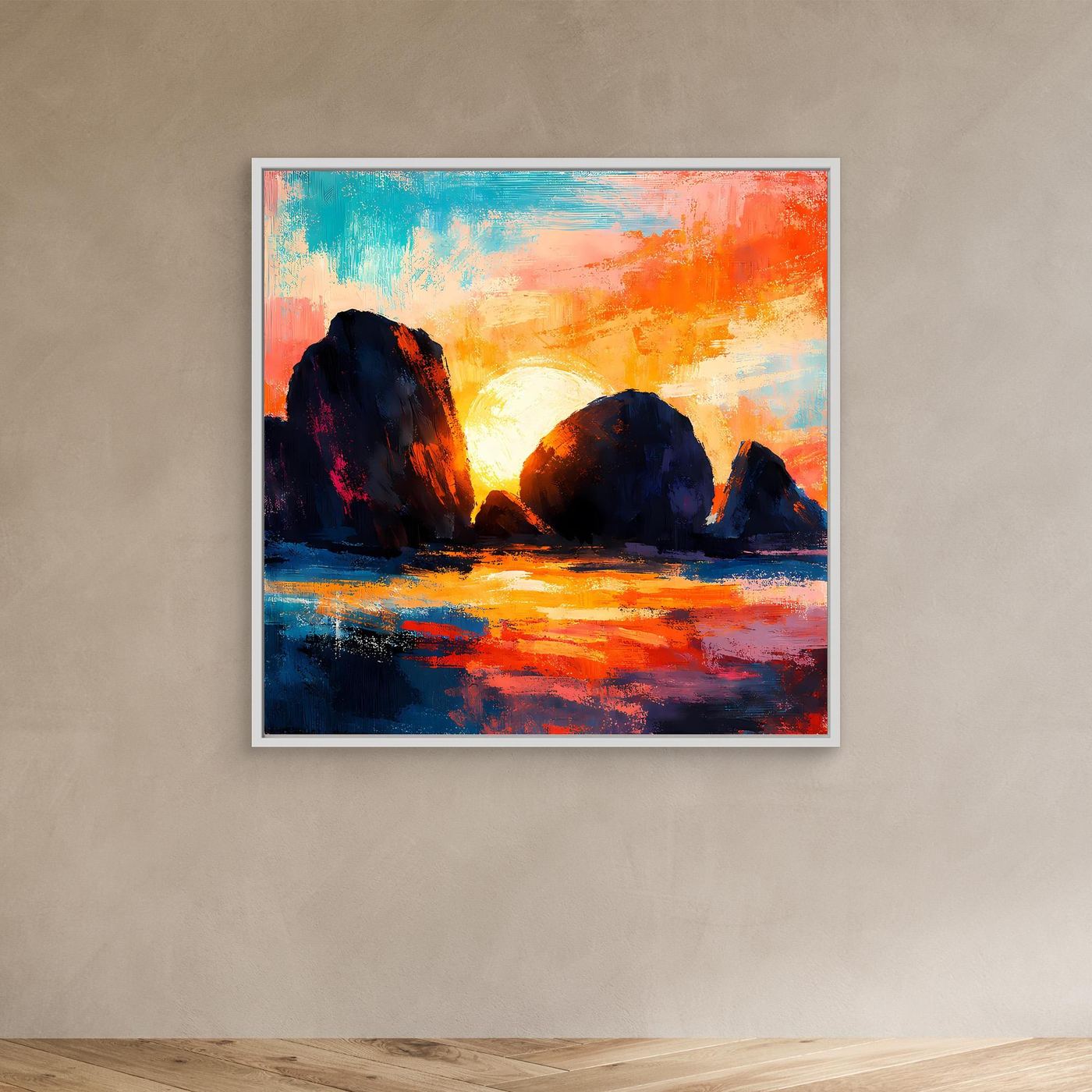 Abstraktes Küsten-Leinwandbild mit weißem Rahmen: dunkle Felsen, Sonne und Spiegelmeer