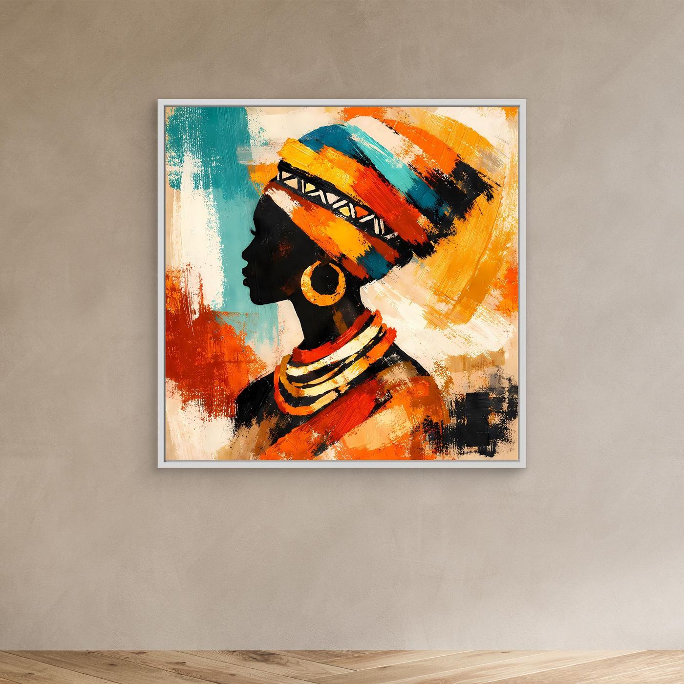 Abstract profile woman wall art in white frame, teal and orange headwrap with black earrings