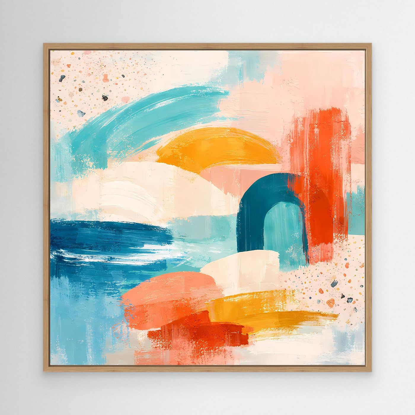Oak-framed abstract pastel canvas wall art with teal, peach, orange and blue blocks