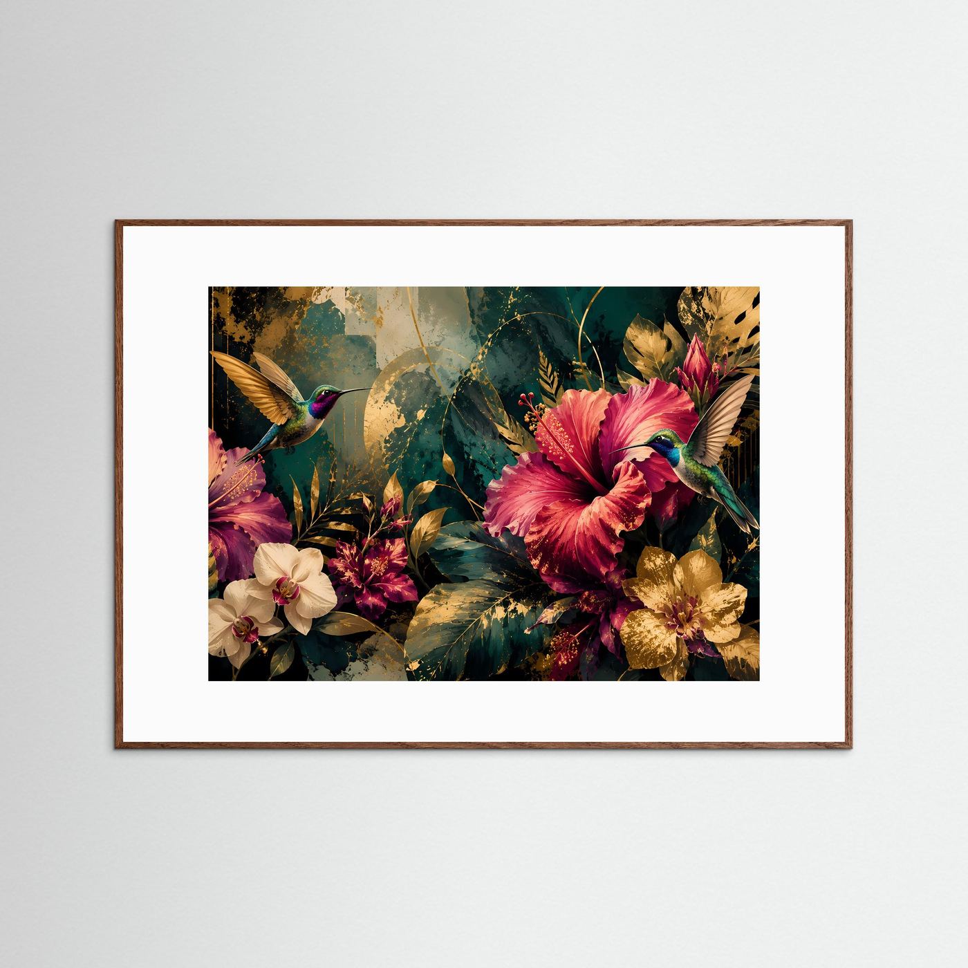 Tropisches Blumenposter mit Kolibri und Orchideen, brauner Holzrahmen und weißes Passepartout