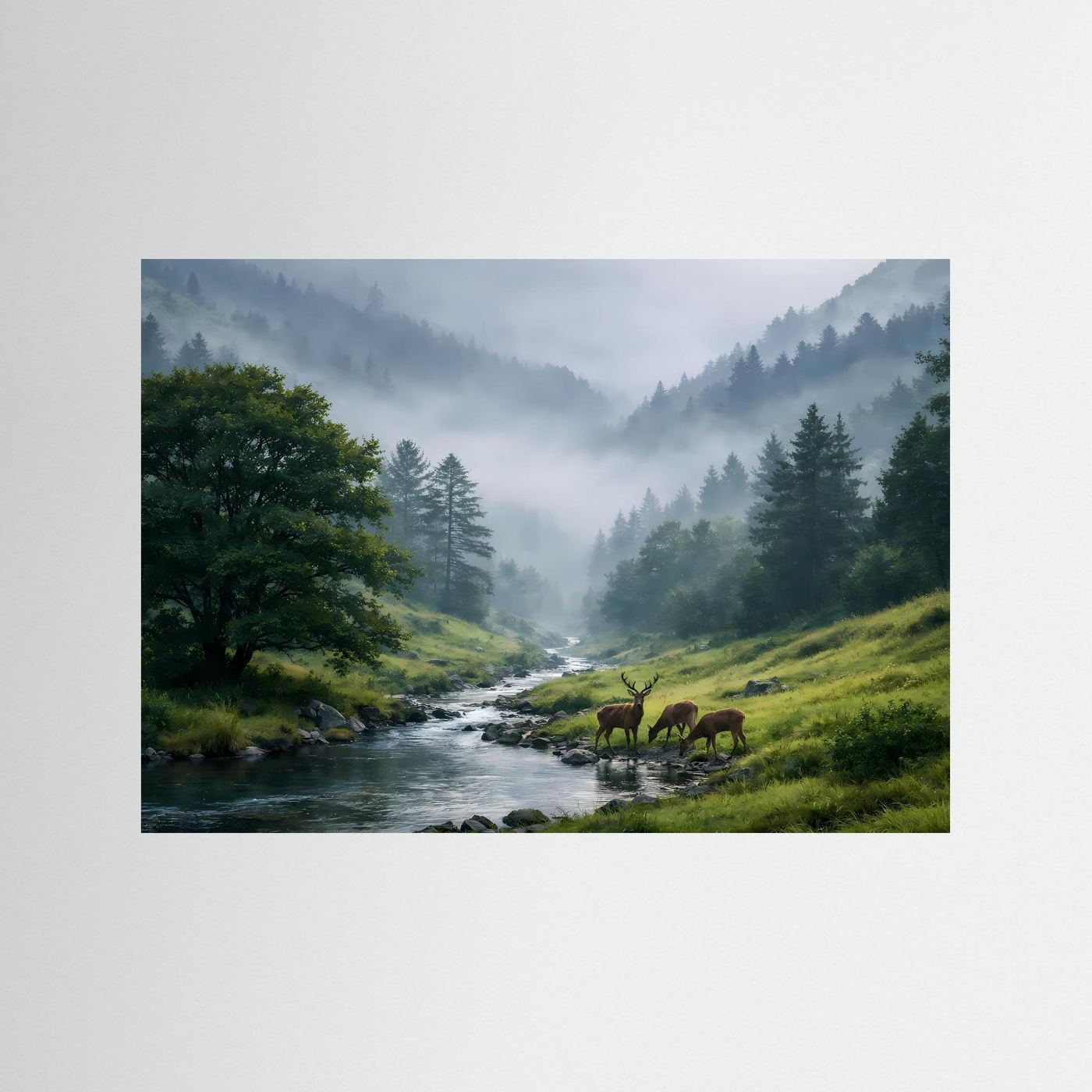 Naturposter im Querformat: Bergwald mit Bach und Hirschen auf der Wiese