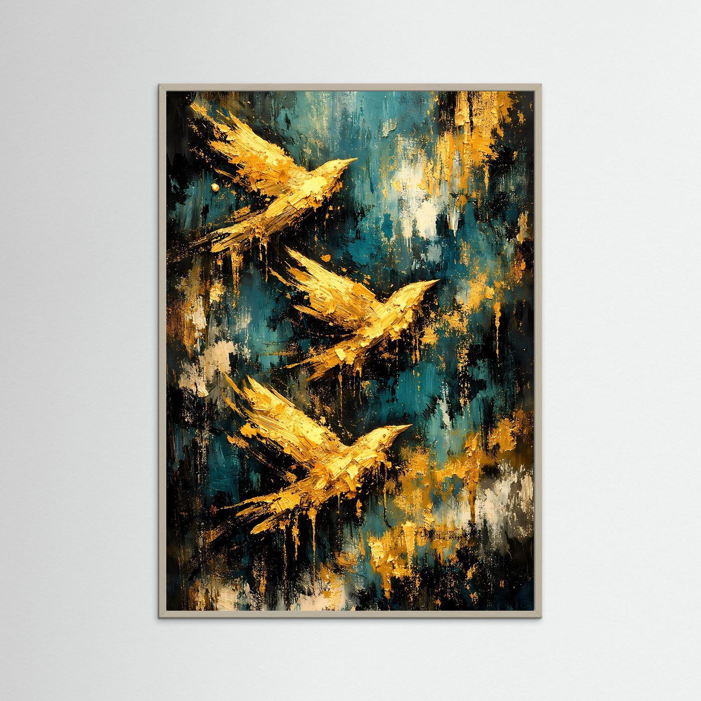 Vögel-Poster im grauen Rahmen: goldene Vögel im Flug auf türkis-blauem Farbspritzerbild