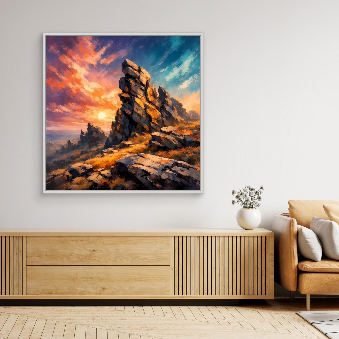 Premium Leinwand Monumentale Felsformation im Sonnenuntergang | Abstraktes Gebirge Wandbild