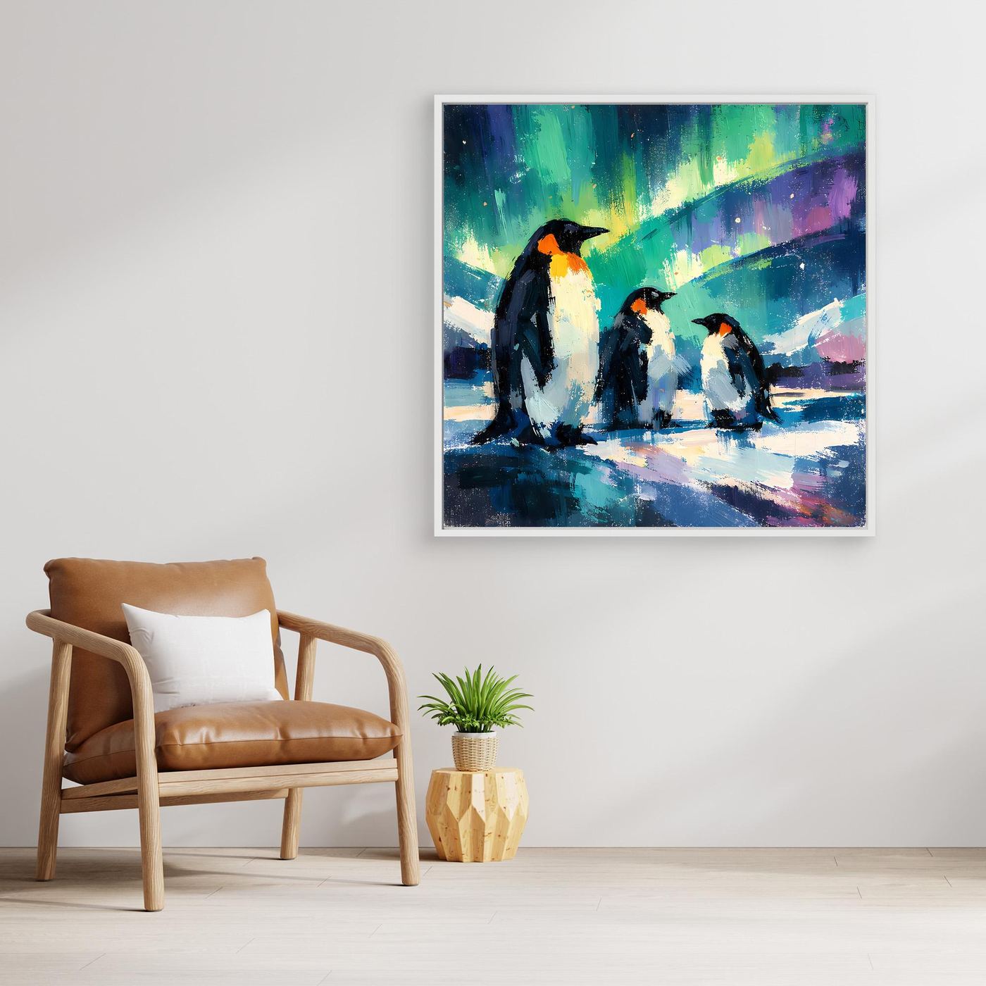 Leinwand Majestätische Pinguine unter Polarlichtern | Abstraktes Antarktis & Nordlicht Wandbild