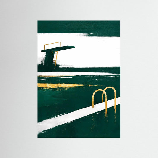 Poster im Hochformat mit Smaragdgrünem Poolmotiv, weißem Band und goldener Leiter