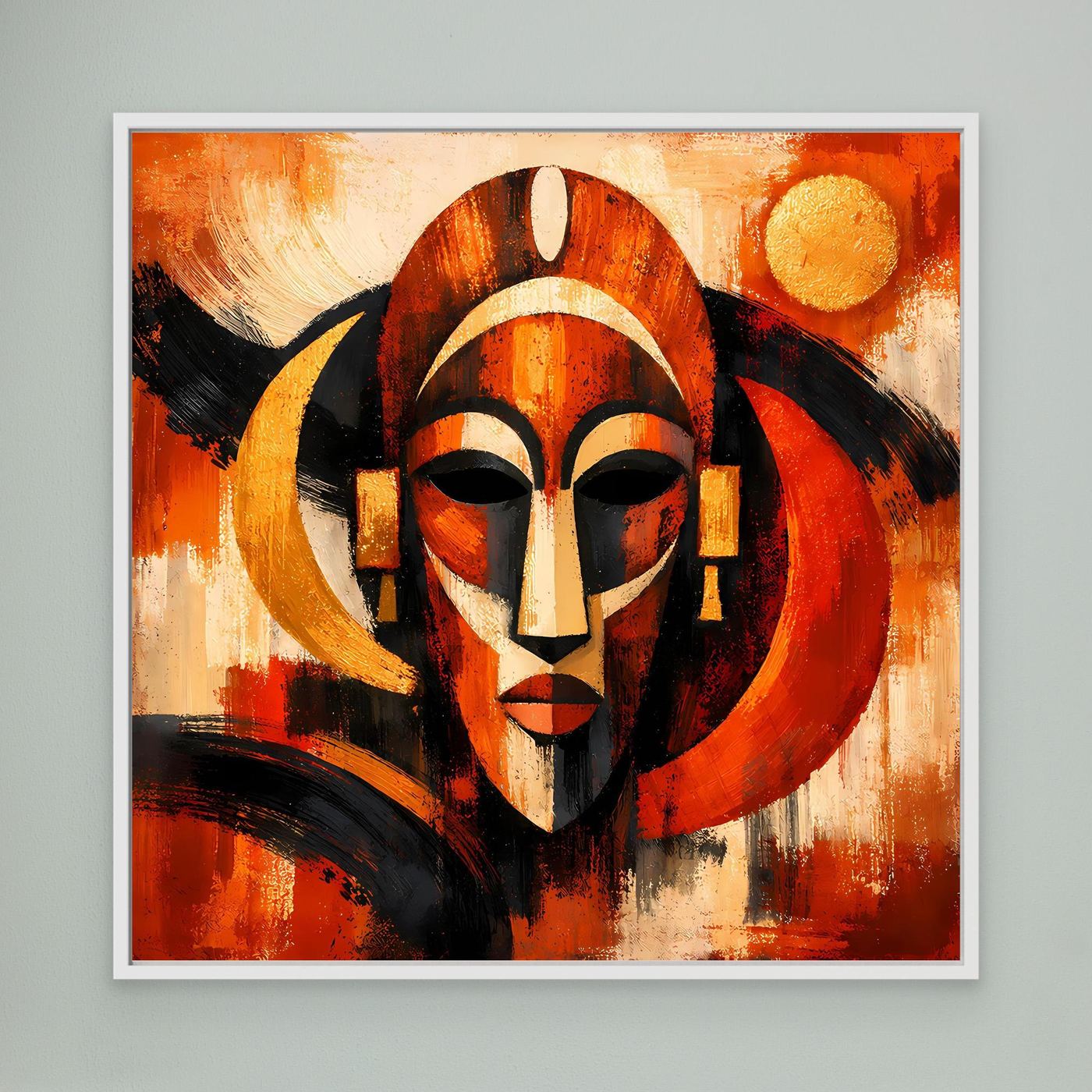 Gerahmtes Leinwandbild mit abstrakter afrikanischer Maske, Rot-Orange, Schwarz und Gold