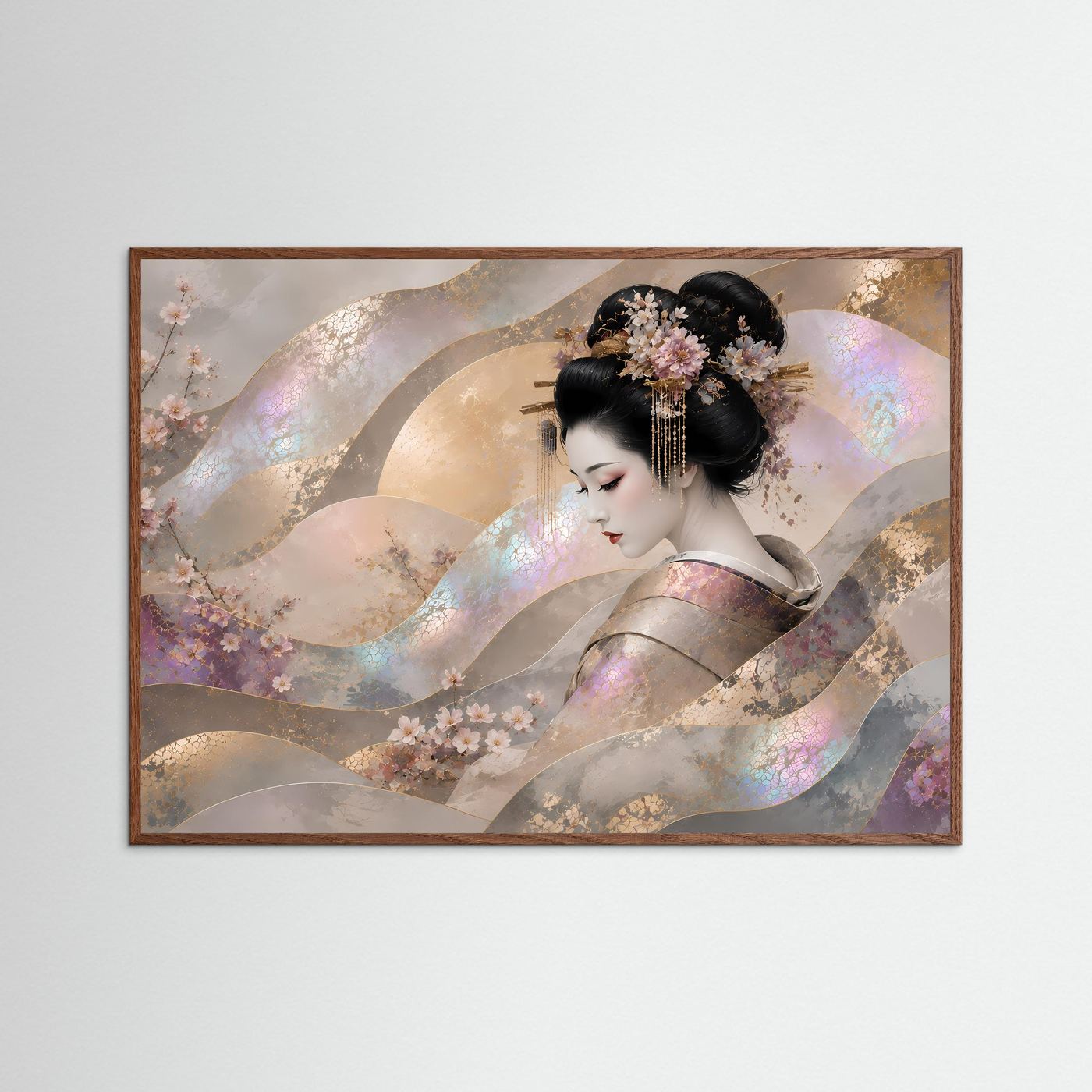 Japanische Wandkunst mit dunklem Holzrahmen: Geisha mit Kirschblüten und Perlmutt-Schimmer