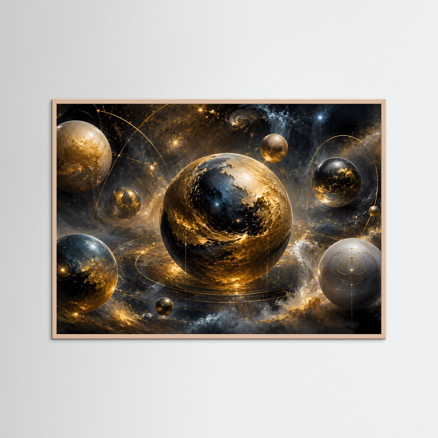 Kosmisches Sphären-Poster mit Planetenkugeln und Sternenkranz, gold-schwarz, im braunen Rahmen