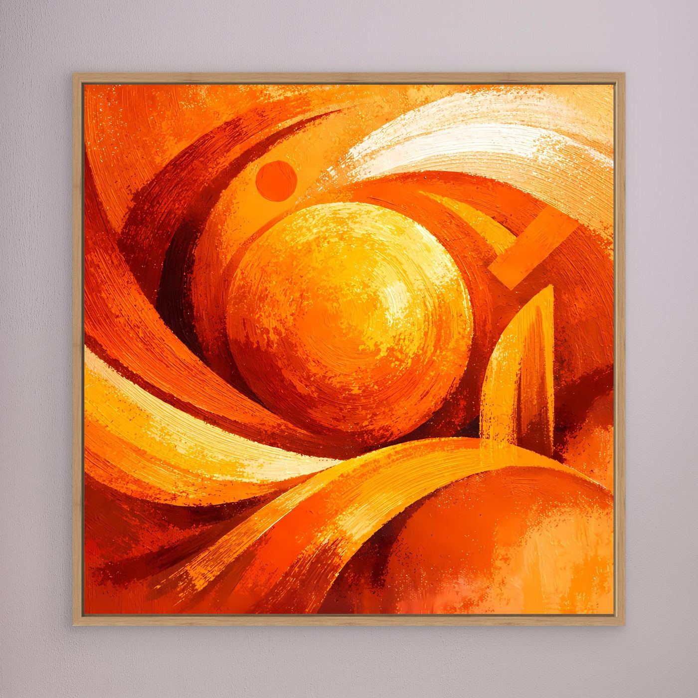 Leinwand-Wandbild mit abstrakter Wirbel-Sonne in Orange und Gelb, hell gerahmt