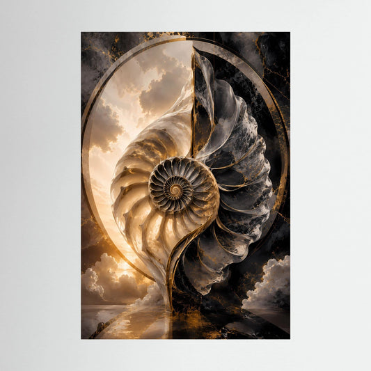 Kunstposter mit abstraktem Muschelmotiv in Schwarz, Gold und Weiß, hochformatig