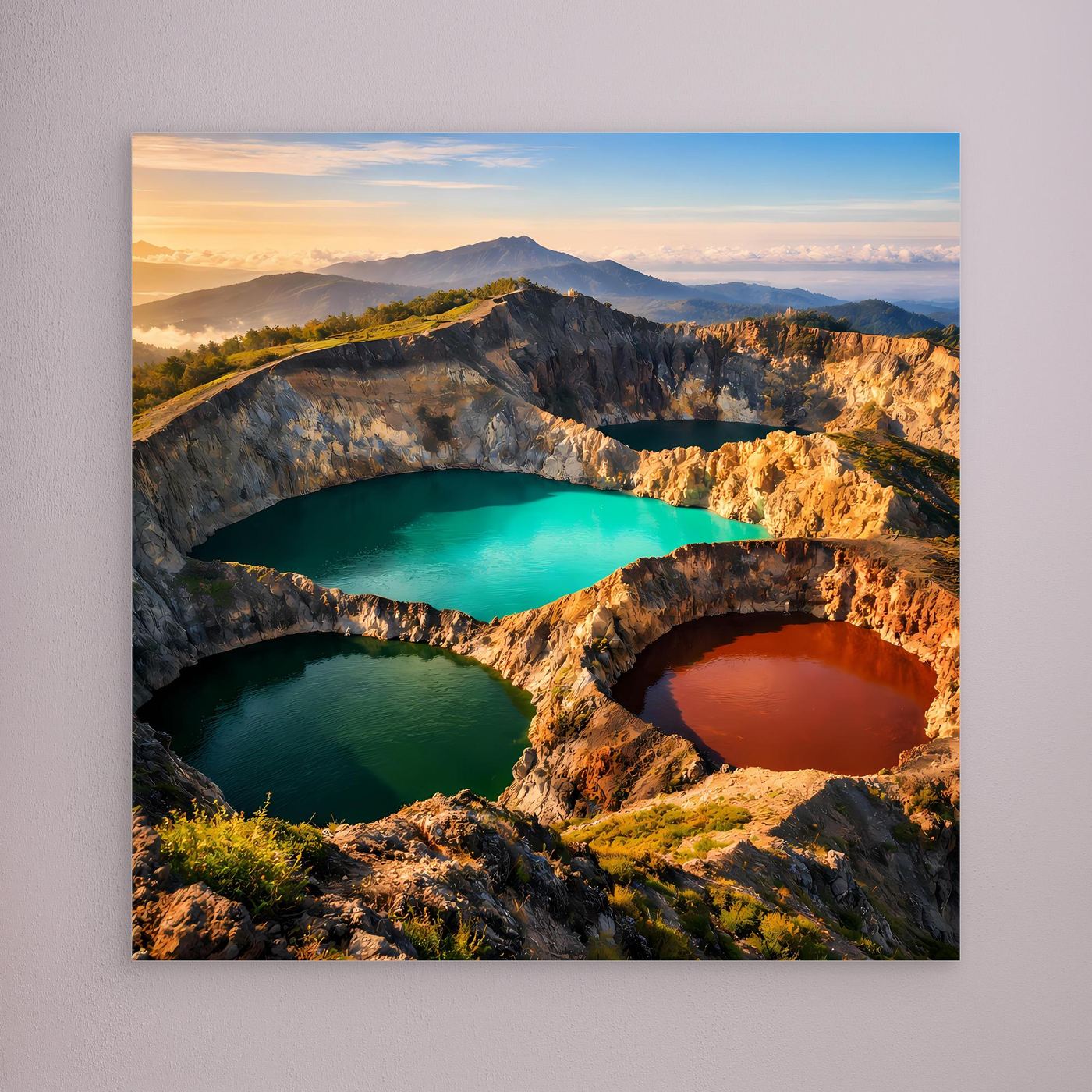 Leinwandbild mit Vulkankratern und drei farbigen Seen: türkis, dunkelgrün und orange-rot, hell gerandet.