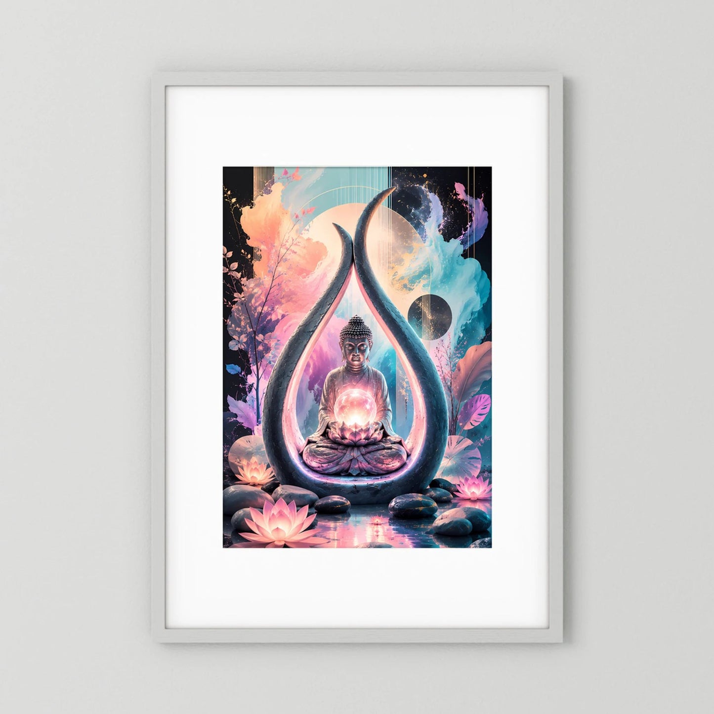 Hochformat-Poster mit Buddha-Motiv in tropfenförmigem Glanz über Lotuspflanzen