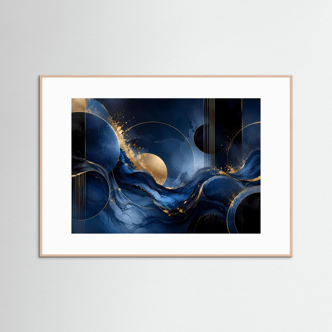 Abstrakte Wellen in Tiefblau und Gold | Luxuriöse moderne Kunst mit fließenden Formen und geometrischen Kreisen | Elegantes Schwarz-Blau-Gold Wandbild im Querformat