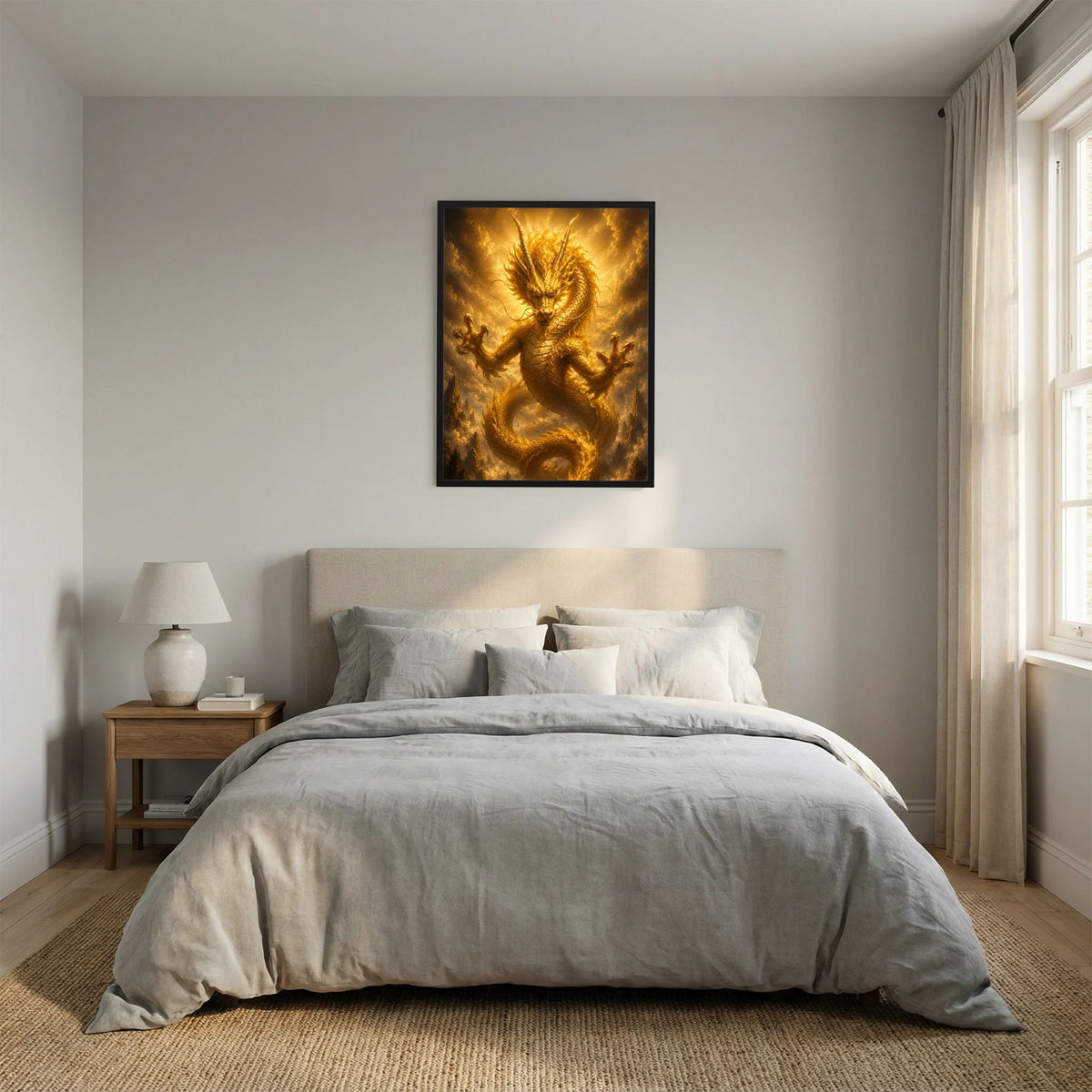 Quadratisches Poster mit goldenem Drachen in Flammenoptik, im schwarzen Rahmen