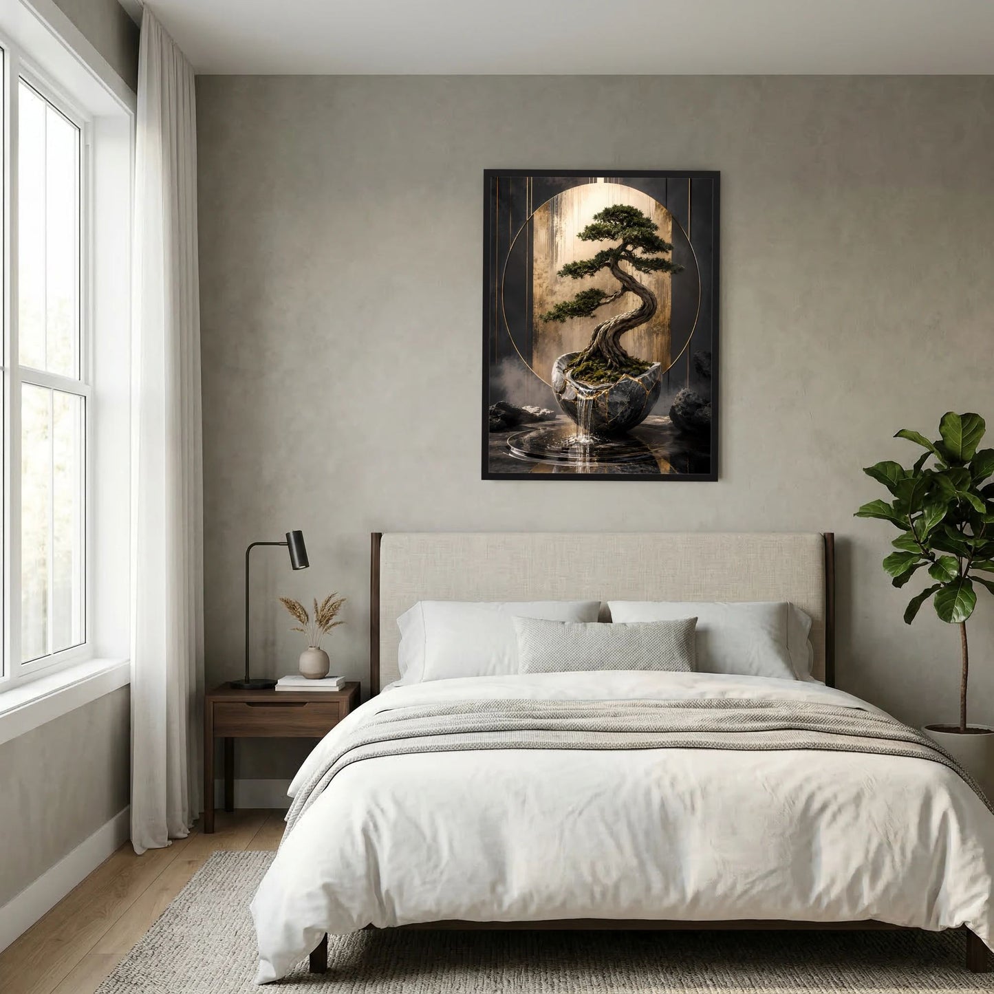 Gerahmtes Poster mit Zen-Bonsai und Keramikschale, schwarzer Rahmen, goldfarbener Lichtkreis