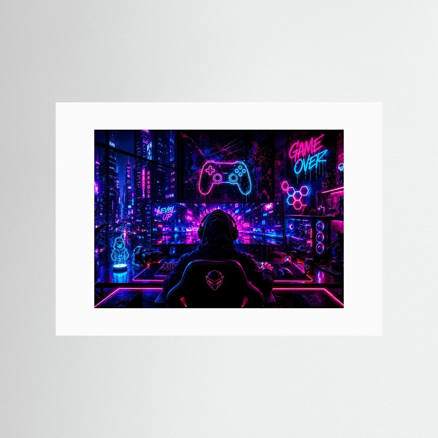 Gaming Setup Poster | Cyberpunk Gamer Zimmer mit Neon RGB Beleuchtung | Futuristische Gaming Wandkunst