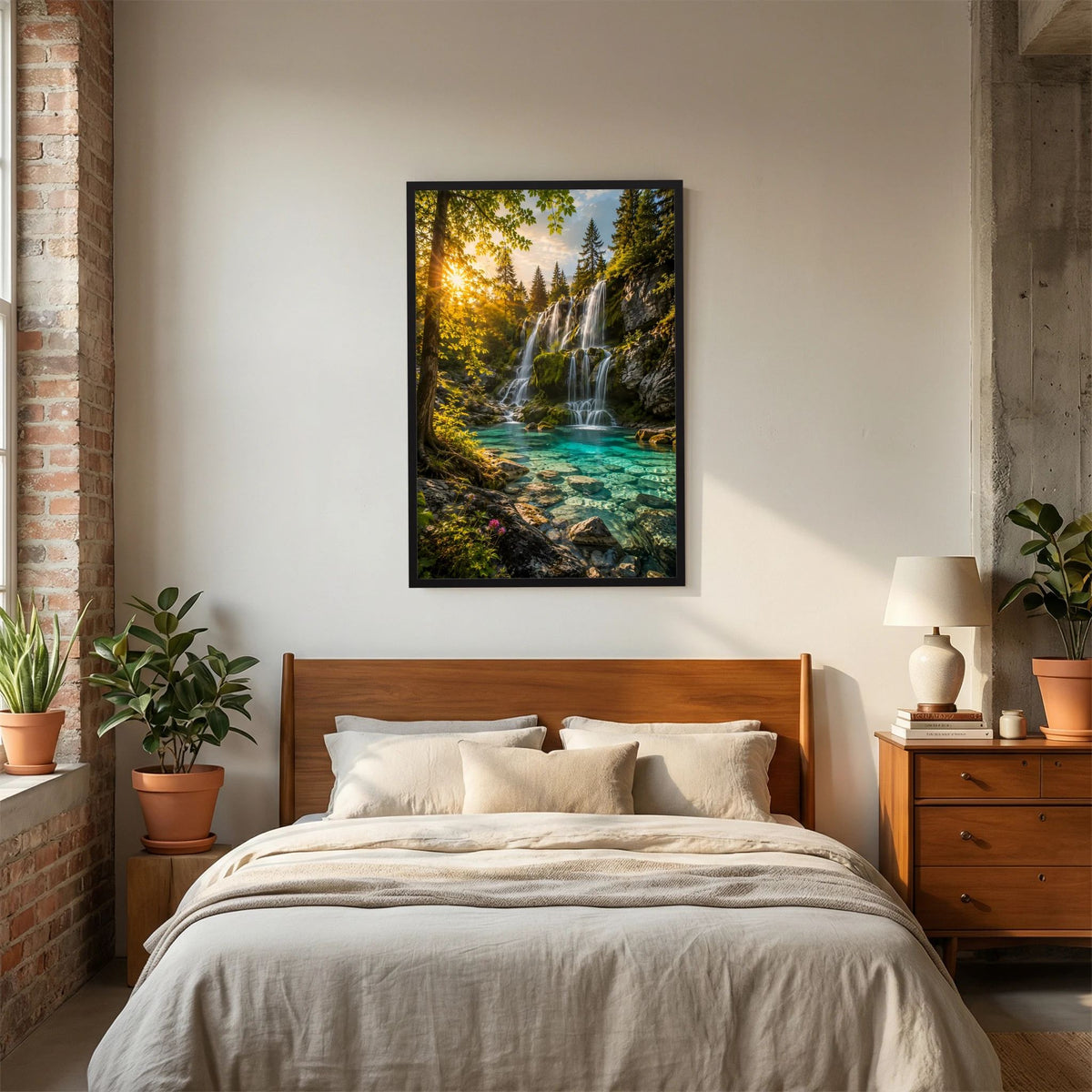 Wasserfall-Poster mit schwarzem Rahmen, türkisfarbenes Wasser im Wald, Hochformat