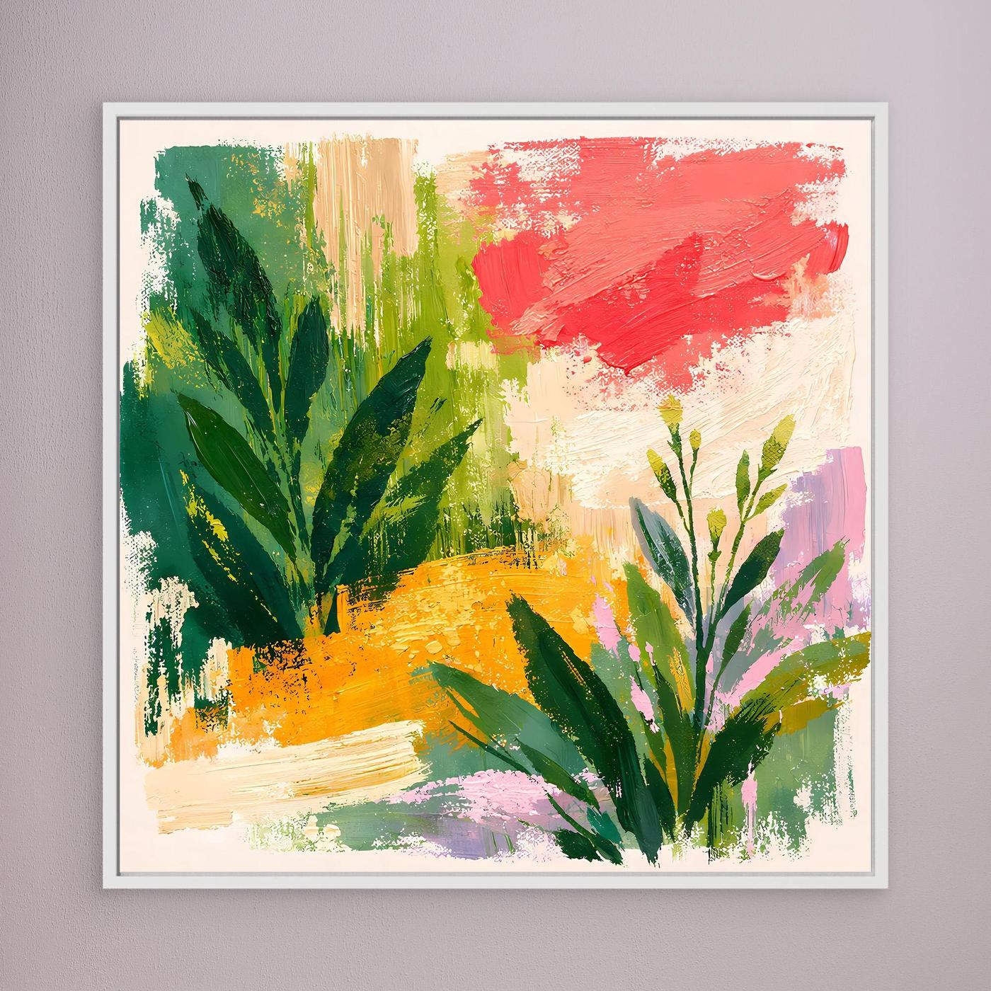 Framed abstract botanical canvas wall art featuring green plants, red swipes, and warm yellow tones.