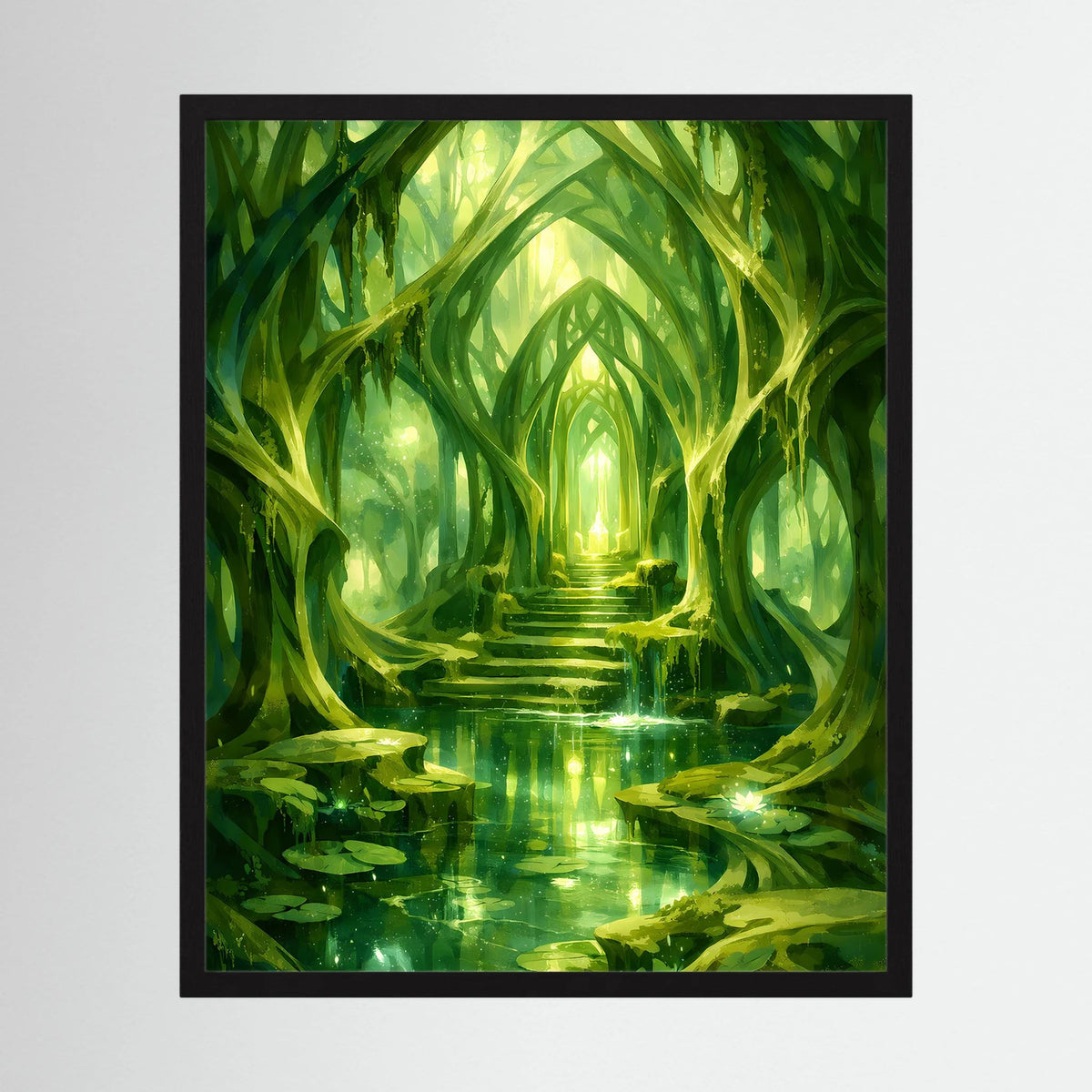 Gerahmtes grünes Kunstposter Waldtempel mit leuchtendem Gang und spiegelndem Wasser