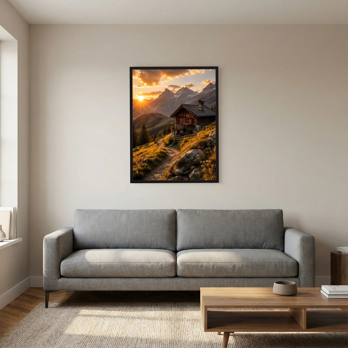 Hochformat-Poster mit schwarzem Rahmen, Alpenhütte im Sonnenuntergang, goldene Wolken über Gipfeln