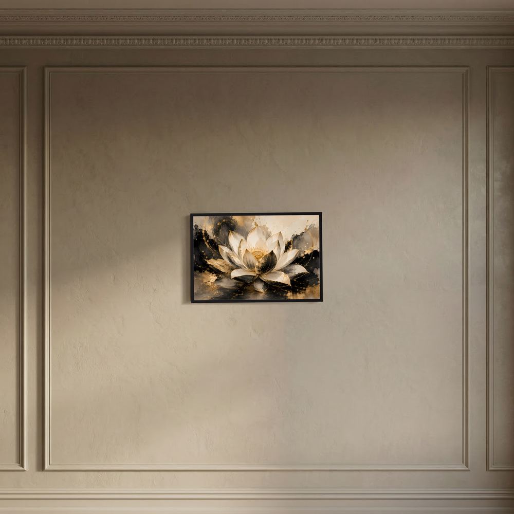 Lotusblüten-Poster im Querformat mit abstrakter Lotusblüte in Creme, Schwarz und Gold.