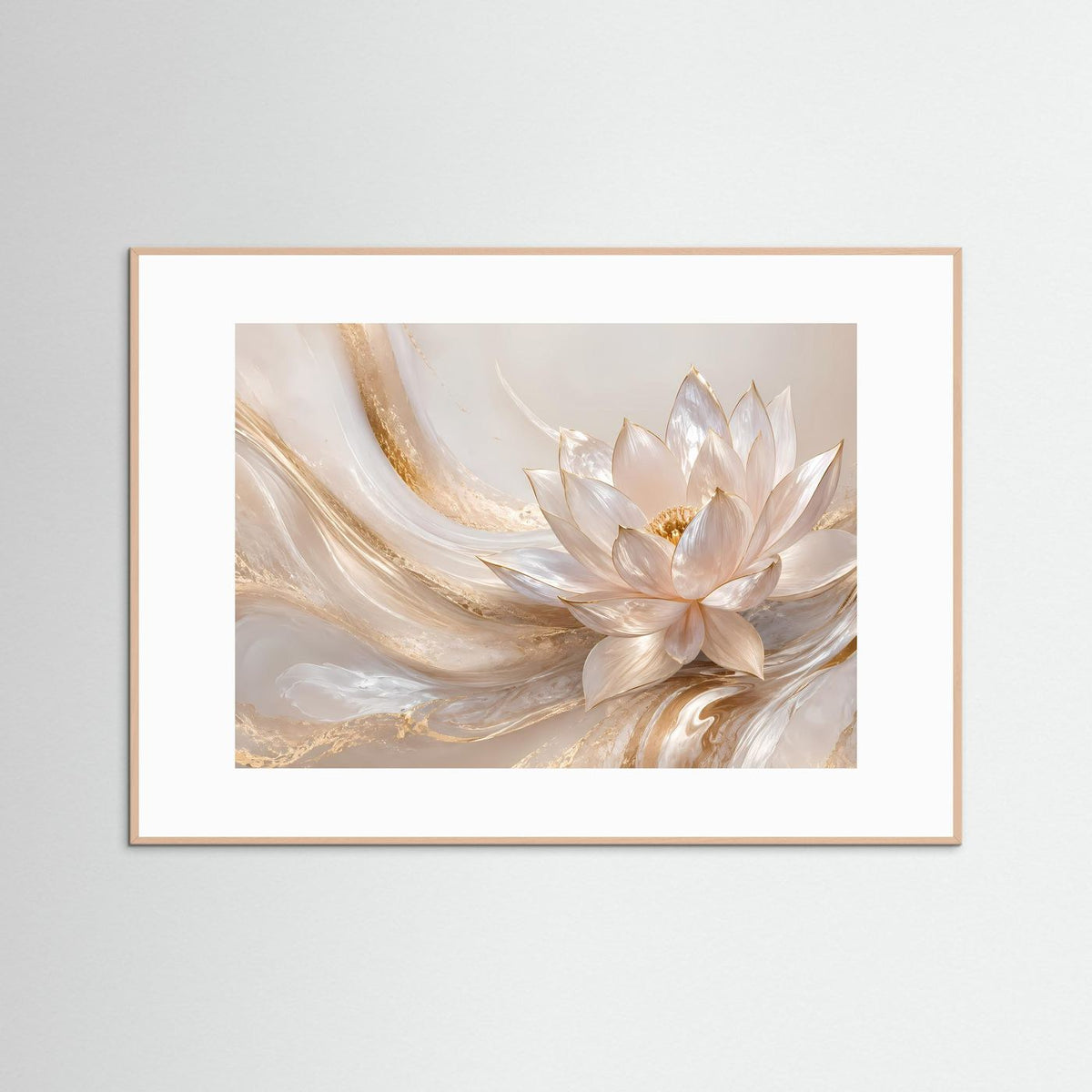 Poster Querformat mit Lotusblüten in Creme und Gold im eichefarbenen Holzrahmen mit Weißrand