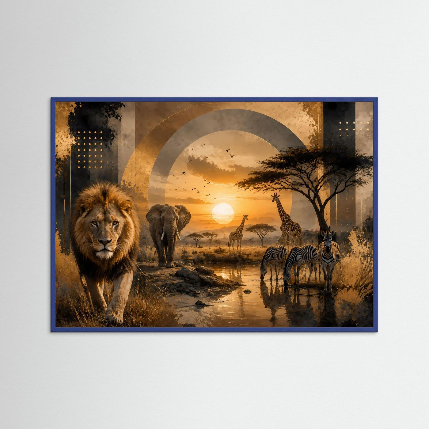 Querformatposter mit Löwe, Elefant und Zebra, im blauen Rahmen