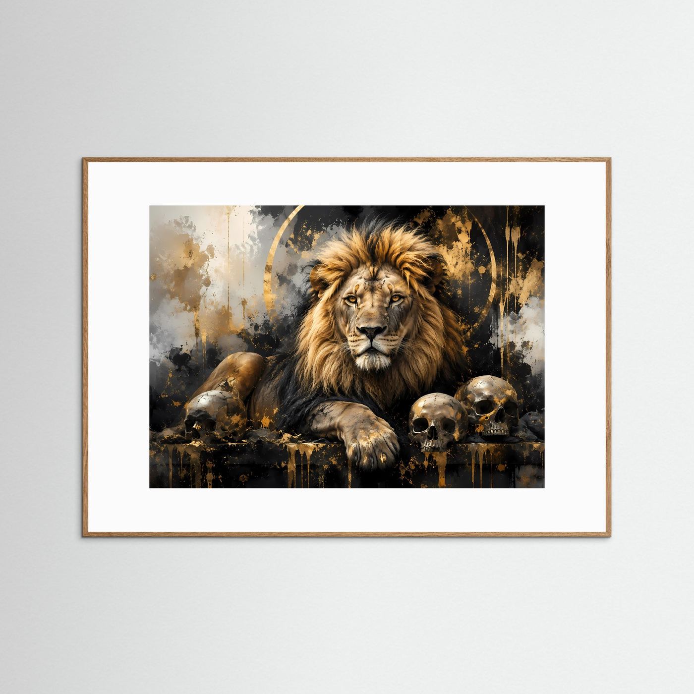 Löwe Poster mit Totenköpfen | Abstrakte Schwarz Gold Löwen Wandkunst | Majestätischer Lion Kunstdruck Modern