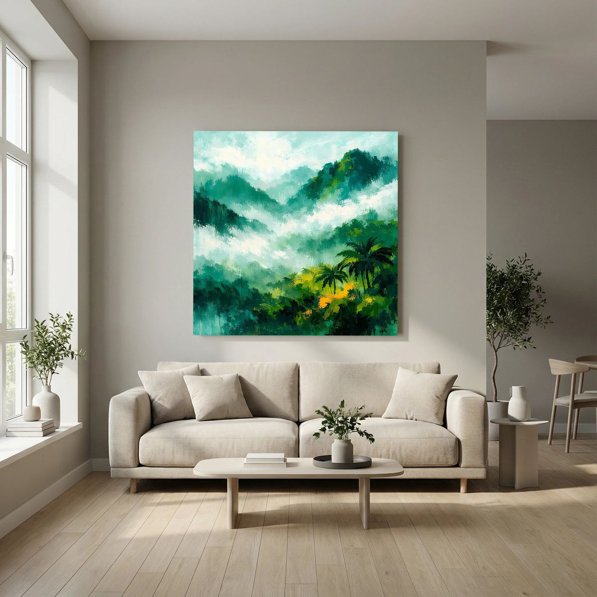 Leinwand-Wandbild mit abstraktem Dschungelgebirge, Palmen und nebligem Grün-Gelb-Motiv