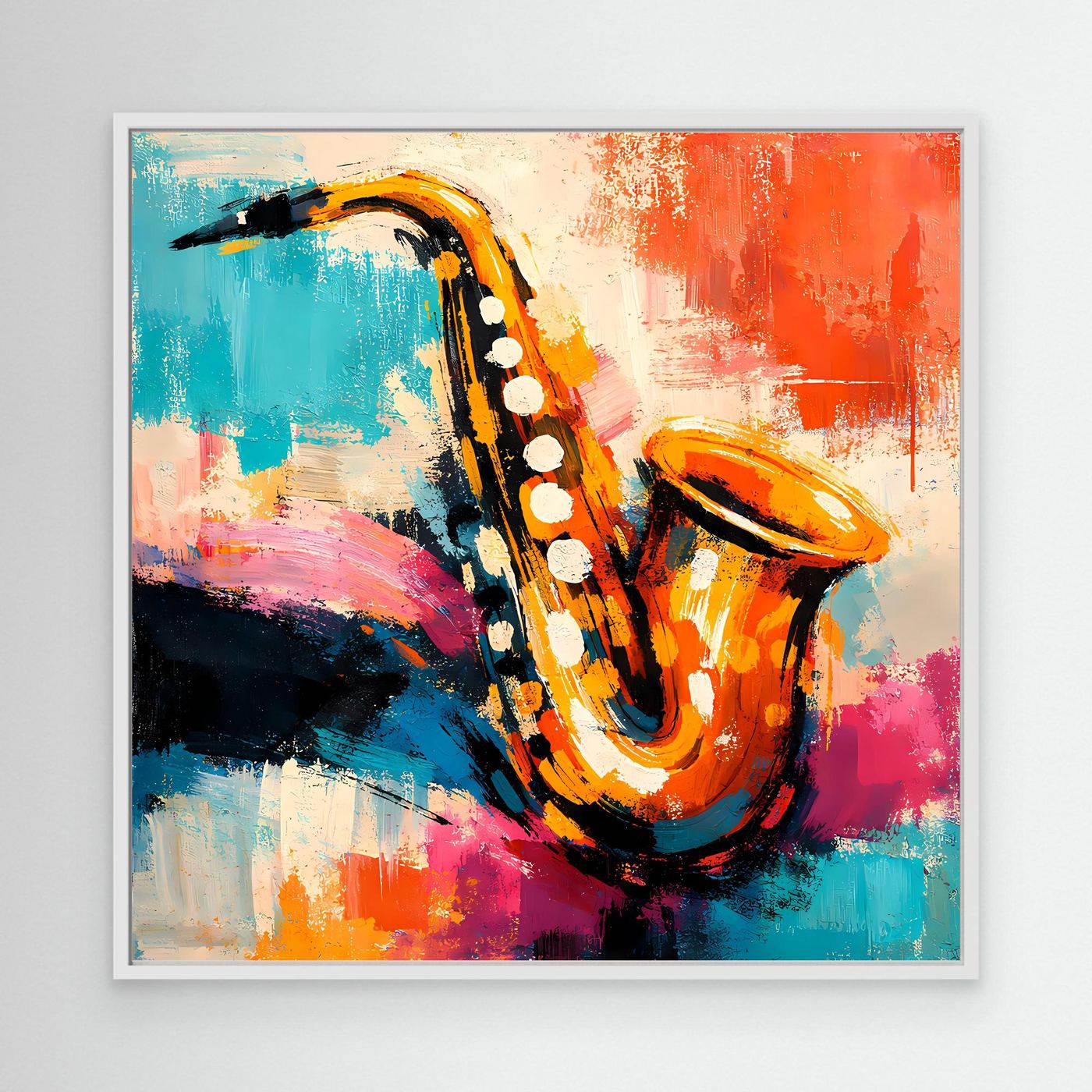 Abstract saxophone wall art in blue and orange with white keys, in white frame