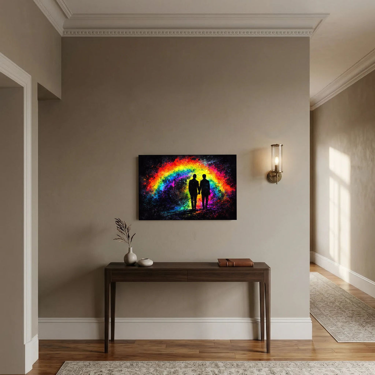 Wandbild mit Regenbogen und zwei stehenden Silhouetten, querformatiges Kunstmotiv