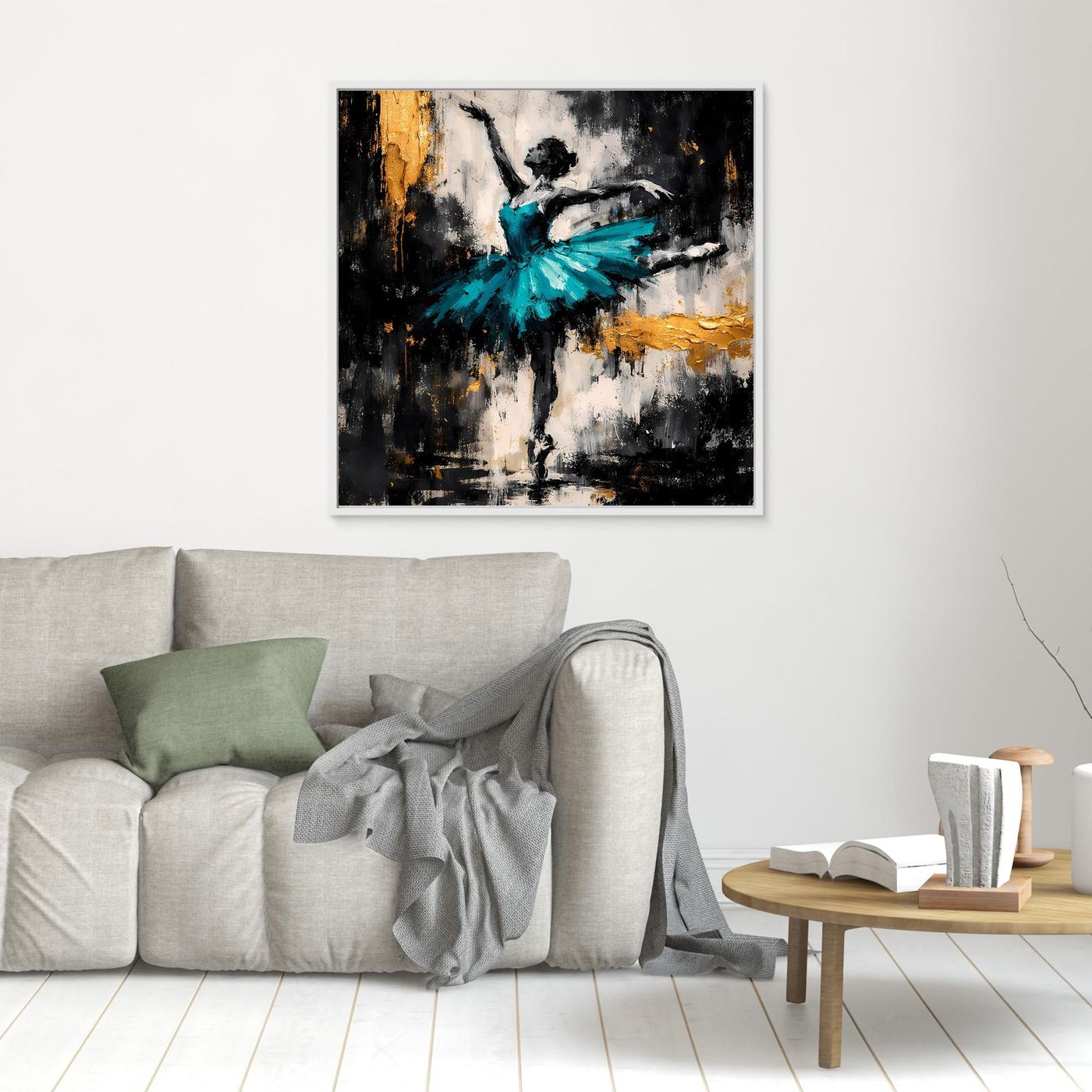 Leinwand Abstrakte Ballerina in Türkis und Gold | Modernes Ballett Wandbild mit Tanz-Motiv