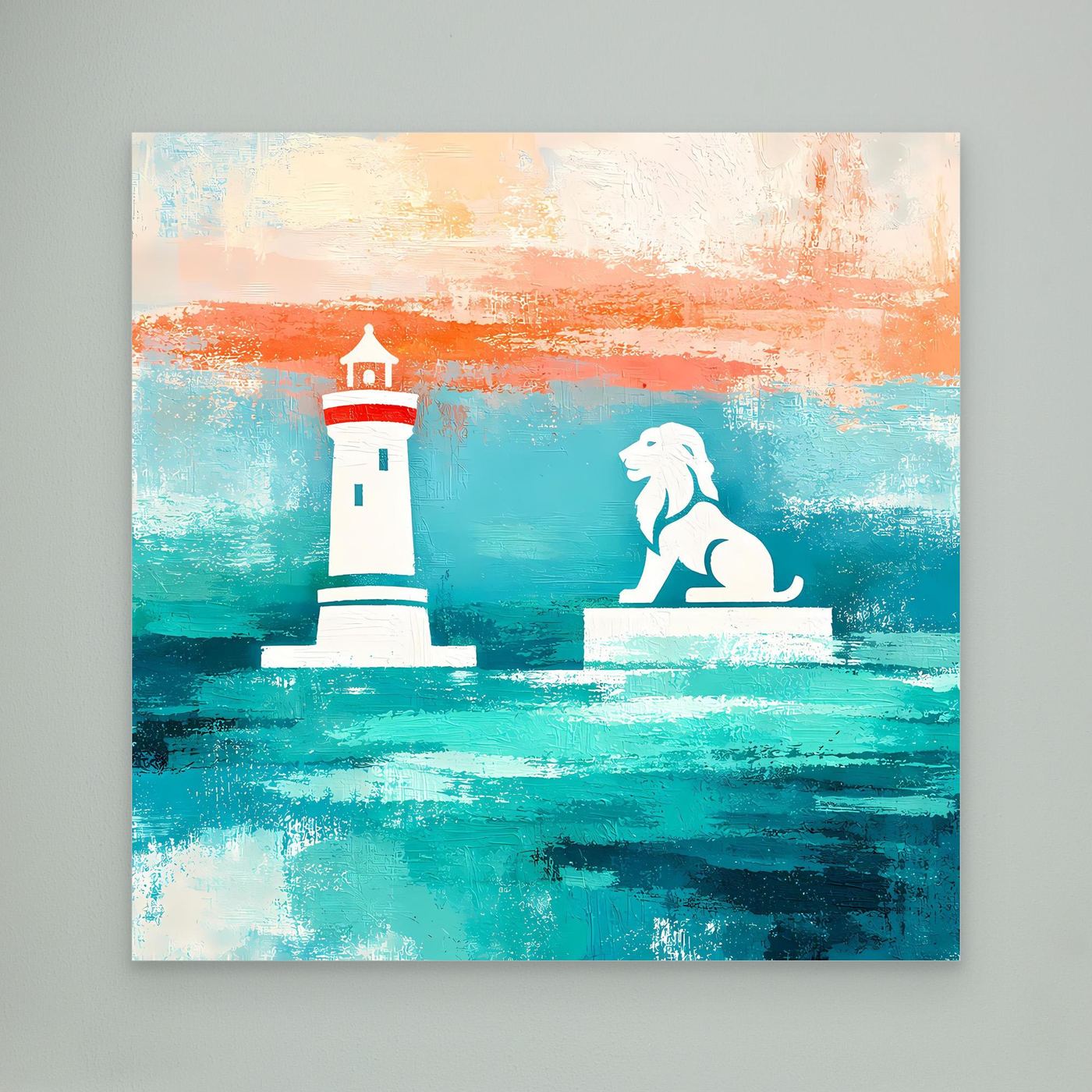 Leinwand Maritimer Leuchtturm und Löwe | Abstraktes Küsten Wandbild Lindau
