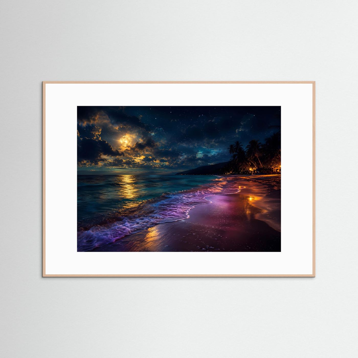 Mondschein Strand Poster Querformat | Tropische Nacht am Meer | Leuchtender Vollmond & Ozean Wandbild
